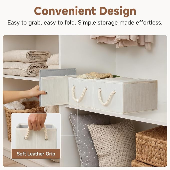 StorageWorks Fabric Storage Bins for Shelves, Storage Baskets for Closet Organization, Organizer Bins for Clothes Storage, Beige, White & Ivory, 3-Pack, Small