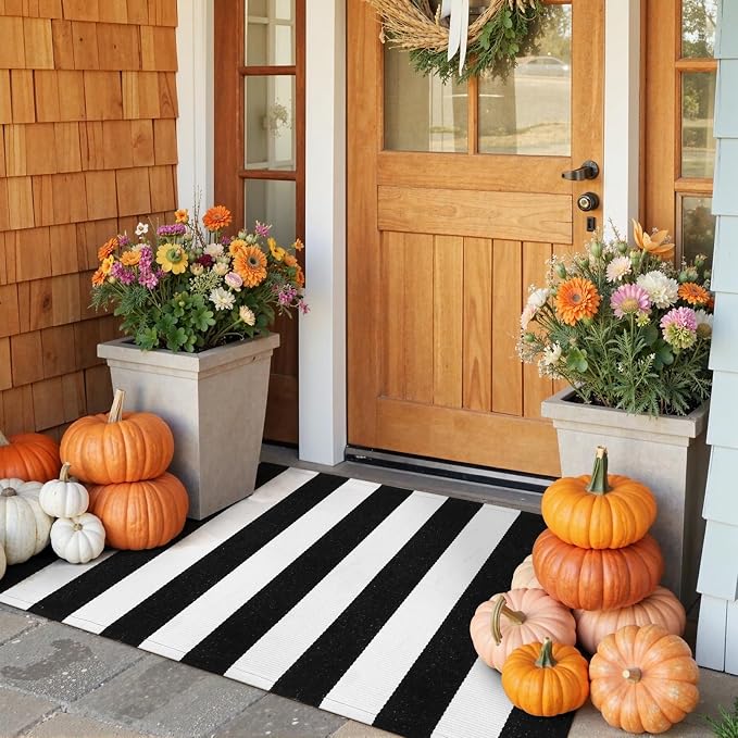 Collive Black and White Outdoor Striped Rug 24"x 51", Cotton Woven Fall Front Porch Rug Decor,Washable Front Door Rugs, Farmhouse Layered Door Mats Outdoor for Entryway Entrance