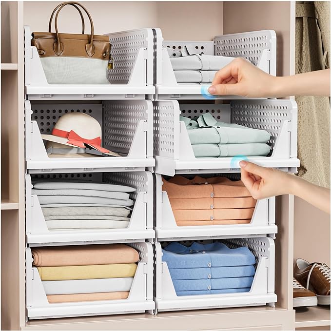caktraie 8 Pack Stackable Closet Storage Basket - Stackable Storage Bins | Multifunctional & Foldable Closet Organizer Waterproof, Wardrobe Cupboard Space-Saving Storage Drawer Organizer