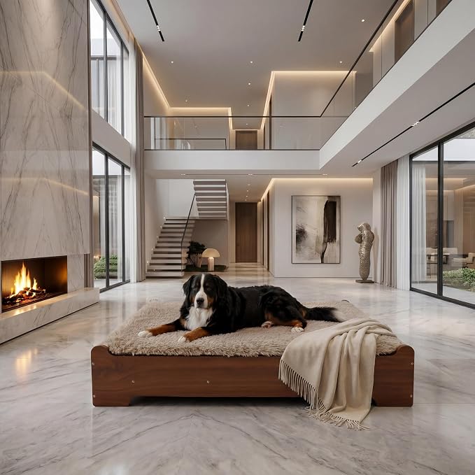 Elevated Wooden Dog Bed with Foam Mattress, Walnut, X-Large | Raised Dog Bed with Washable Cover and Supportive Foam Mattress, Crafted for Large Dogs and Modern Homes
