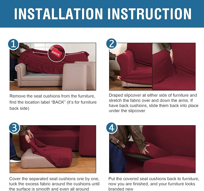 H.VERSAILTEX 4 Piece Stretch Sofa Covers for 3 Cushion Couch Covers for Living Room Furniture Slipcovers (Base Cover Plus 3 Seat Cushion Covers) Upgraded Thicker Jacquard Fabric (Sofa, Burgundy)