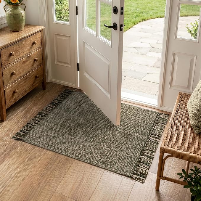 Collive Boho Bathroom Rug 2' x 3', Modern Farmhouse Rugs for Entryway Moss Green Washable Kitchen Mat, Hand-Woven Low Profile Front Door Mat Reversible Porch Carpet for Laundry Bedroom Decor