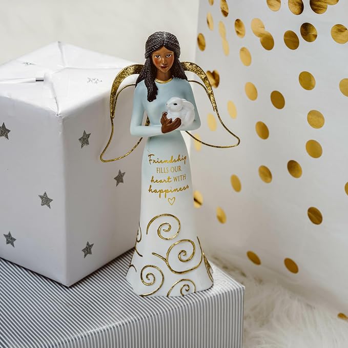 Pavilion Gift Company Friendship Fills Our Heart with Happiness-7.5 Inch African American Bunny Collectible Resin Angel Figurine, White