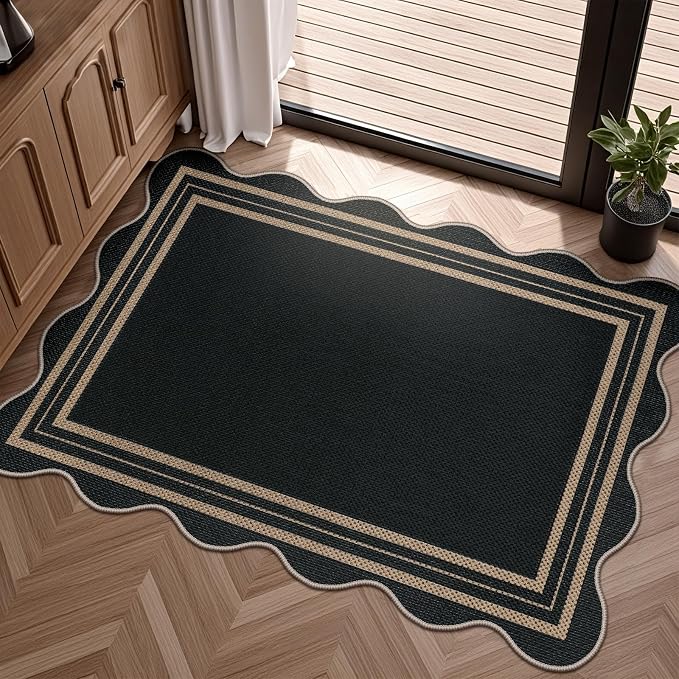 Easy Jute Black Entryway Rug, 2x3 Front Door Mat Washable Non Slip Small Kitchen Rug, Indoor Outdoor Farmhouse Scalloped Doormat for Porch Bathroom Doorway