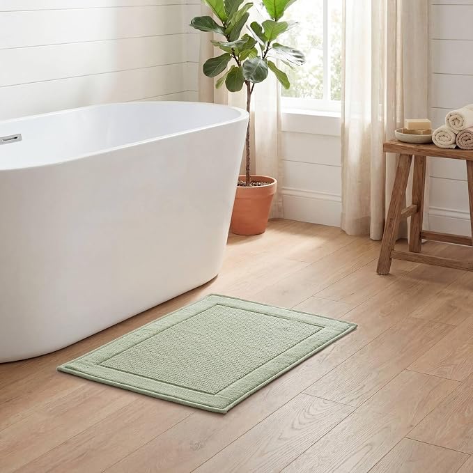 Madison Park Sanctuary 100% Cotton Non-Slip Bath Rug for Bathroom, Bedroom & Entryway, 24x36 Inch Low-Profile Soft Absorbent Woven Bathroom Rug, Machine Washable, Sage Green