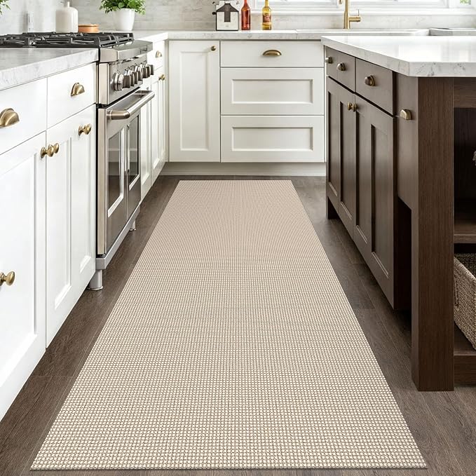 IOHOUZE Washable Runner Rug 3x8 Non Slip Rubber Backed Wide Hallway Runner Entryway Runner Indoor, Kitchen Rugs Woven Floor Carpet for Hall Entrance Bedroom, Cream/Beige