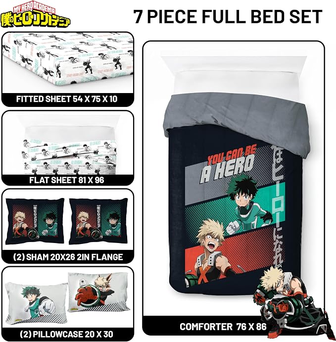 My Hero Academia Deku Full Comforter Set 7 Piece Anime Bedding, Black | Bed in a Bag, Comforter Sheets Shams Pillowcases, Official Product, Soft Microfiber, Machine Washable, Kids Gift