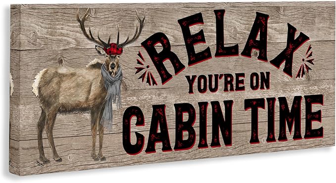 Stupell Industries 'Cabin Time Phrase with Deer', Canvas Art, 30 x 13 Inches, Easy to Hang and Sturdy, Made in USA, by Tara Reed