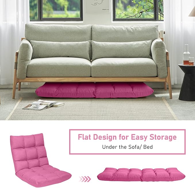COSTWAY Floor Chair, Folding Gaming Chair with Back Support (Pink) | 14 Adjustable Positions, Alloy Steel Frame, Lazy Sofa Lounge for Playing Reading Meditating Room Recliner for Adults, Kids