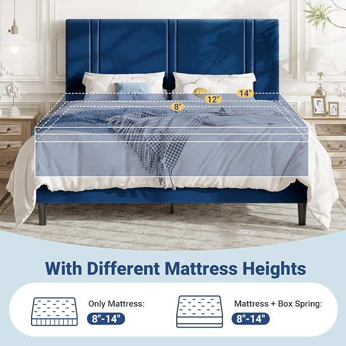 Allewie California King Size Platform Bed Frame with Adjustable Headboard | Plush Velvet Upholstered, Vertical Channel Tufted, Sturdy Wood Slats, No Box Spring Needed, Easy Assembly, Blue
