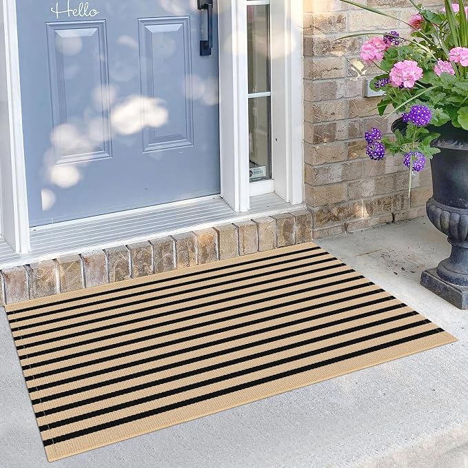 KILOCOCO Striped Rug 2.3'x3.6' Indoor Outdoor Rugs Front Door Mat, Brown | Cotton Washable Striped Front Porch Rug, Woven Layered Doormats, Welcome Mat for Entryway, Low Pile Kitchen Rugs
