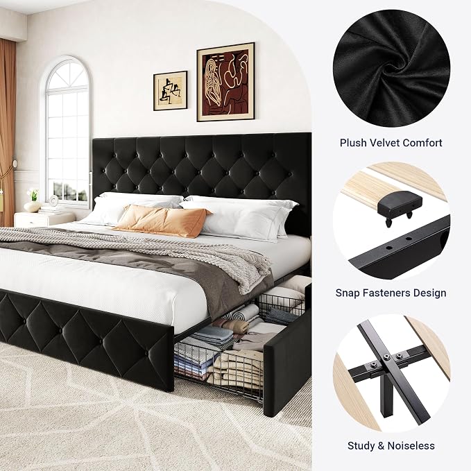 Allewie Upholstered King Size Platform Bed Frame with 4 Storage Drawers and Adjustable Headboard, Diamond Button Tufted, Wooden Slats Support, Noise-Free, No Box Spring Needed, Easy Assembly, Black
