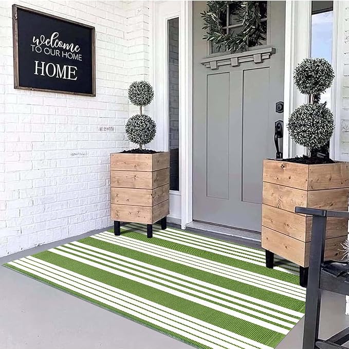 BUAGETUP Green and White Outdoor Rug 3'x 5' Cotton Woven Washable Rug Striped Front Porch RugIndoor/Outdoor Area Rug Floor Mat for Farmhouse/Layered Door Mats/Living Room