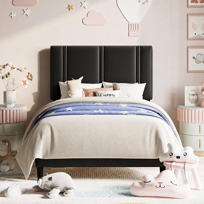 Allewie Twin Size Platform Bed Frame with Adjustable Headboard | Plush Velvet Upholstered, Vertical Channel Tufted, Sturdy Wood Slats, No Box Spring Needed, Easy Assembly, Black