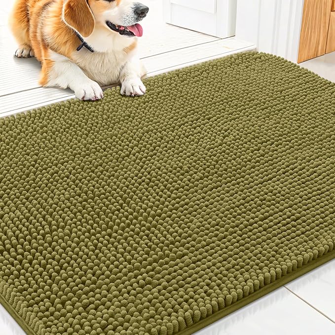 Smiry Dog Door Mat for Muddy Paws 30x17, Absorbent Dirt Trapper, Non-Slip Washable Chenille Entryway Rug for Inside Floor, Willow Green, Classic Solid
