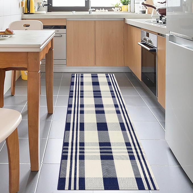 Buffalo Plaid Runner Rug Navy and Off White 2x6 Hallway Cotton Woven Rug Farmhouse Checkered Runner Rug Washable Runners for Entryway Kitchen Laundry Room Bedroom Living Room