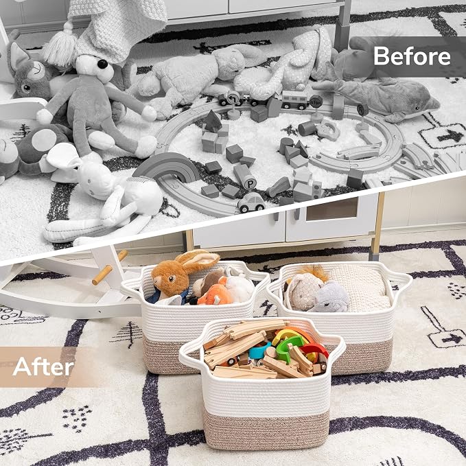 Goodpick Cotton Rope Storage Basket with Handles, 13" x 10" x 9", Brown | Toy, Book & Towel Storage, Closet & Shelves Organization, Decorative Rectangle Woven Design, Home Decor
