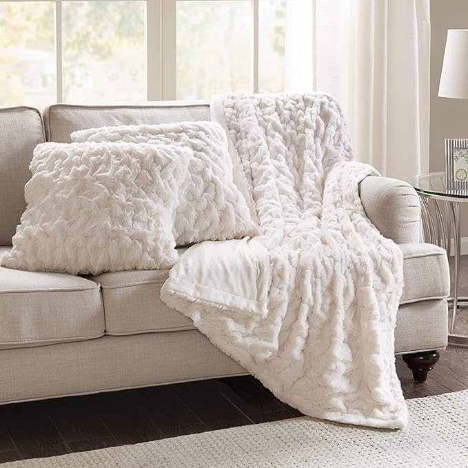 Comfort Spaces Ruched Throw Set Faux Fur Blanket, 50 x 60, 3 Piece, Ivory | Ultra Soft, Cozy Warmth for Sofa or Bed, Plush, OEKO-TEX Certified