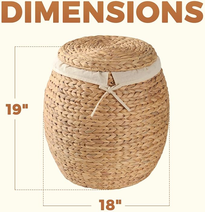 Storage Standard Wicker Basket with Lid Decorative Storage - Large Blanket Basket for Living Room, Plants, Organization, Handwoven Water Hyacinth Material w/Removable Cotton Liner & Tall Round Design
