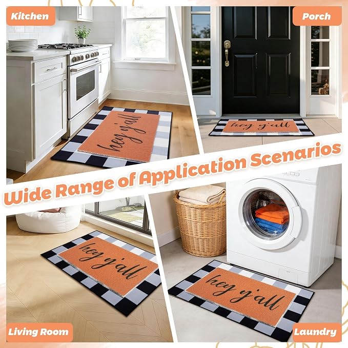 Hey Y’All Doormat, 2pcs Layered Front Door Mats with Coir Texture Welcome Doormat and Black White Striped Under Non Slip Mat, Farmhouse Porch Decor for Home Entry, Entryway Home Outdoor Decor