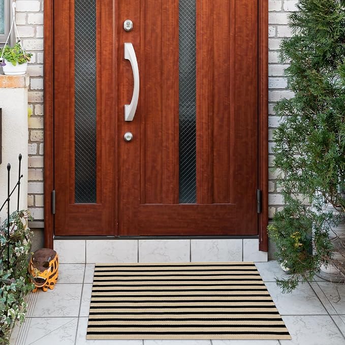 OJIA Front Door Mat Outside Entrance 24"x35" Front Door Rug Porch Rug Decor | Woven Washable Striped Outdoor Rugs Entryway Rugs Indoor Small Area Rug for Kitchen/Entry, Tan and Black Outdoor Doormat
