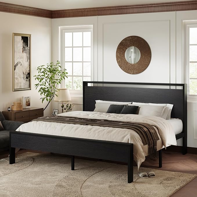 Allewie King Size Bed Frame, Heavy Duty 12 Metal Slats Support, Black Oak | Wooden Headboard and Footboard, Modern Platform Bed, No Box Spring Needed, Under-Bed Storage, Noise Free, Easy Assembly