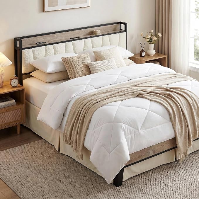 LIKIMIO King Size Bed Frames, Bouclé Storage Headboard with Charging Station, Solid and Stable, Noise Free, No Box Spring Needed, Easy Assembly