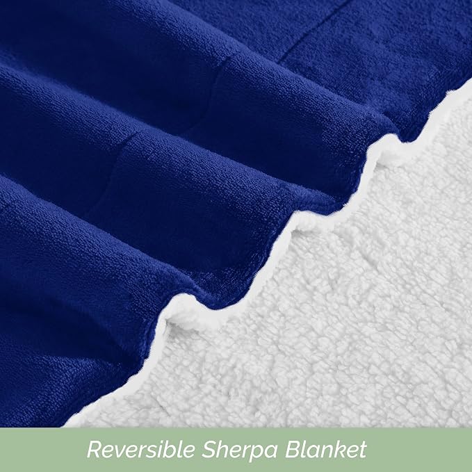 Elegant Comfort Ultra Soft Reversible Flannel Sherpa Blanket - Cozy Silky Fleece Throw for Couch, Bed - Plush Fuzzy Warm Winter Blanket for Gift, Queen, Royal Blue