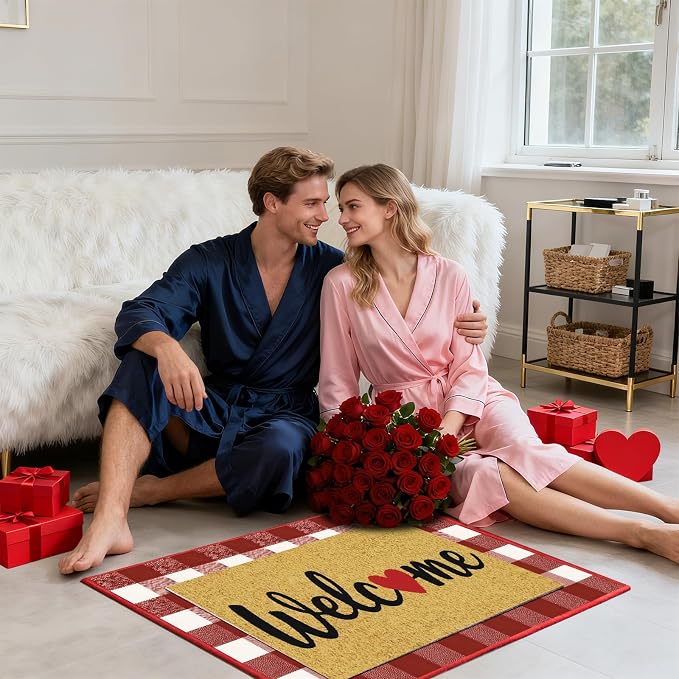 2 Pcs Valentines Day Welcome Doormat, Heart Welcome Door Mat Valentines Day Non Slip Coir Plaid Mat Layering Doormats Seasonal for Home Bathroom Front Porch Entryway Decor 24"x 32"