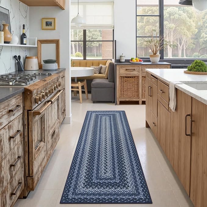 GarveeHome Indoor Easy Jute Runner Rug 2x6 Washable Kitchen Runner Rugs | Low Pile Non Slip Throw Runners Carpet Stain Resistant Long Hallway Mat Living Room Bedroom Bedside Area Rugs, Slates/Blue