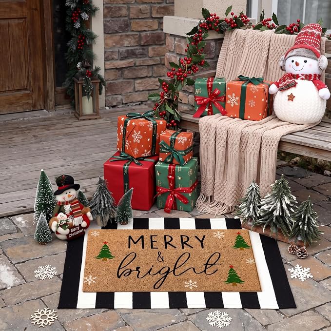 Moucuny 2 Pcs Christmas Door Mat Outdoor Merry Christmas Nature Coir Welcome Outdoor Rug Black White Stripe Xmas Front Porch Rugs Non Slip Floor Mats Entrance Decor