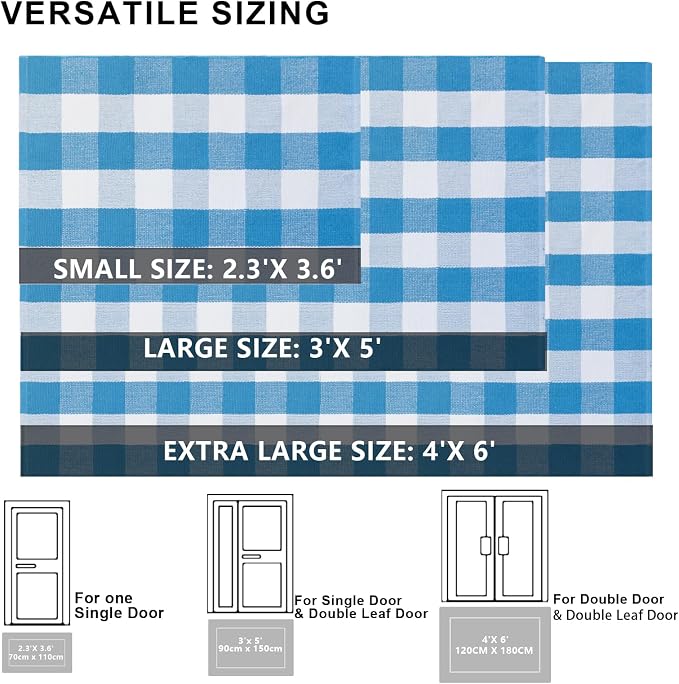 Spring Rugs Blue and White Plaid, 28” x 43” Area Rug Outdoor Indoor Summer Front Porch Doormat Cotton Hand-Woven Layered Door Mats for Entryway Patio Entryway Laundry Bedroom