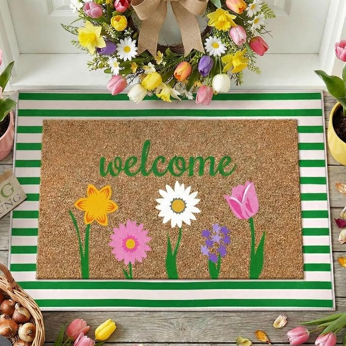 Moucuny 2 Pcs Spring Coir Doormat Outdoor Flower Welcome Outdoor Rug Front Porch Mats Layered Green and White Stripe Rugs for Spring Front Porch Entryway Decor