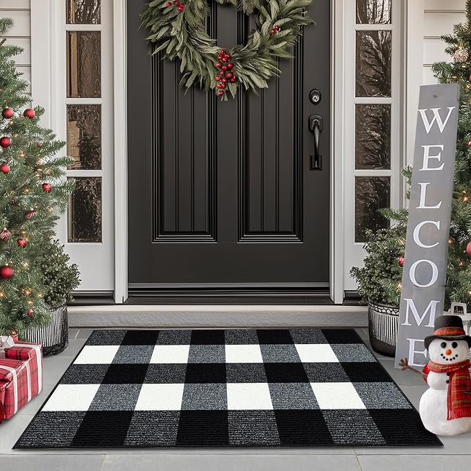 FONEYI Buffalo Plaid Outdoor Rug for Front Door Mats, 20" x 32" Black and White Checkered Layered Door Mat with Non Slip Backing, Washable Entryway Rug for Porch, Front Porch and Farmhouse Decor