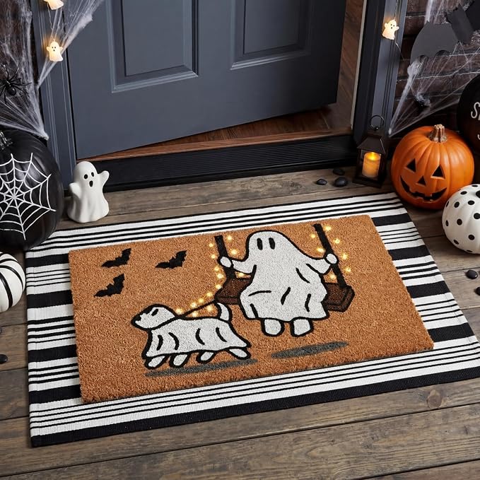 Moucuny 2 Pcs Halloween Coir Doormat Outdoor Cute Ghost with Dog Mat, Black and White Stripe Area Rug Halloween Outdoor Doormat for Front Door Porch Entryway Decor, 16'' x 28'', 24'' x 35''