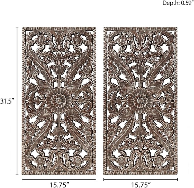 Madison Park Carved Wood Wall Art 2 Piece, Floral Wooden Carving Wall Decor, Bronze Wall Art Living Room Bedroom, Copper Embellished Boho, Ready to Hang, 15.75"W x 31.5"L, Bronze