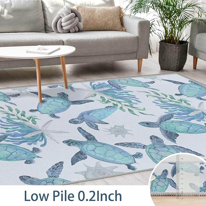 Tritard Coastal Sea Turtles Area Rugs Beach Themed Nautical Non Slip Area Rugs Stain Resistant Washable Accent Rugs Non Shedding Floor Carpet for Living Room Bedroom, Teal, 4x6 Feet