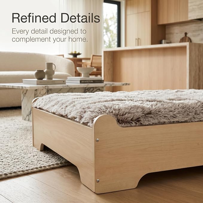 Elevated Wooden Dog Bed with Foam Mattress, Natural Wood, Large | Raised Dog Bed with Washable Cover and Supportive Foam Mattress, Crafted for Large Dogs and Modern Homes