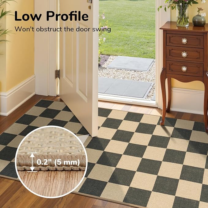 Lessymo Checkered Entryway Rug, 3x5 Washable Area Rugs for Living Room | Easy Jute Carpet for Outdoor Patio, Non Slip Indoor Door Mat for Entry Front Door Guestroom Deck, Diamond Black/Beige