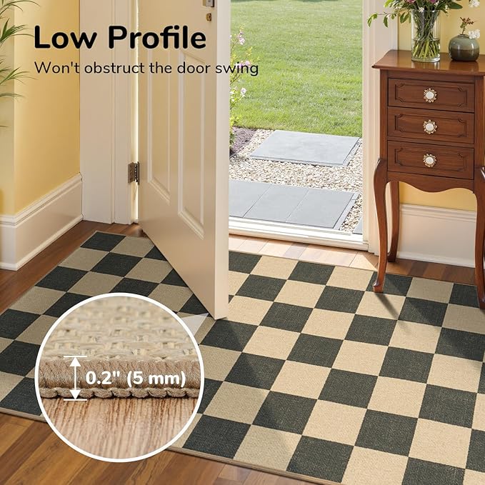 Lessymo Living Room Rugs 5x7 Checkered Washable Easy Jute Outdoor Patio Rug | Non-Slip Carpet for Dining Room Bedroom, Kids & Pets Friendly, Stain Resistant, All Vacuums Compatible, Diamond Black/Beige