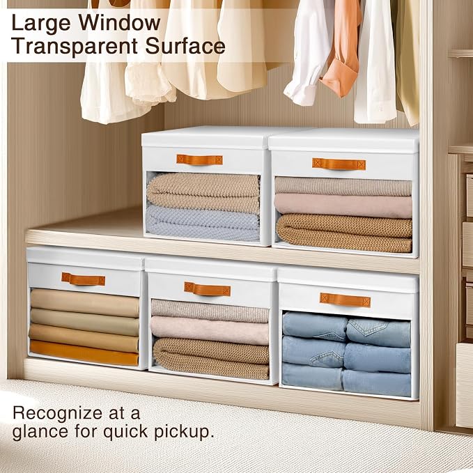 Homsorout Large Storage Bins with Lids - 4 Pack Foldable Decorative Organizers with Clear Windows & Handles, Cube Storage Organizers for Clothes, Blankets, Sweaters, CD, White