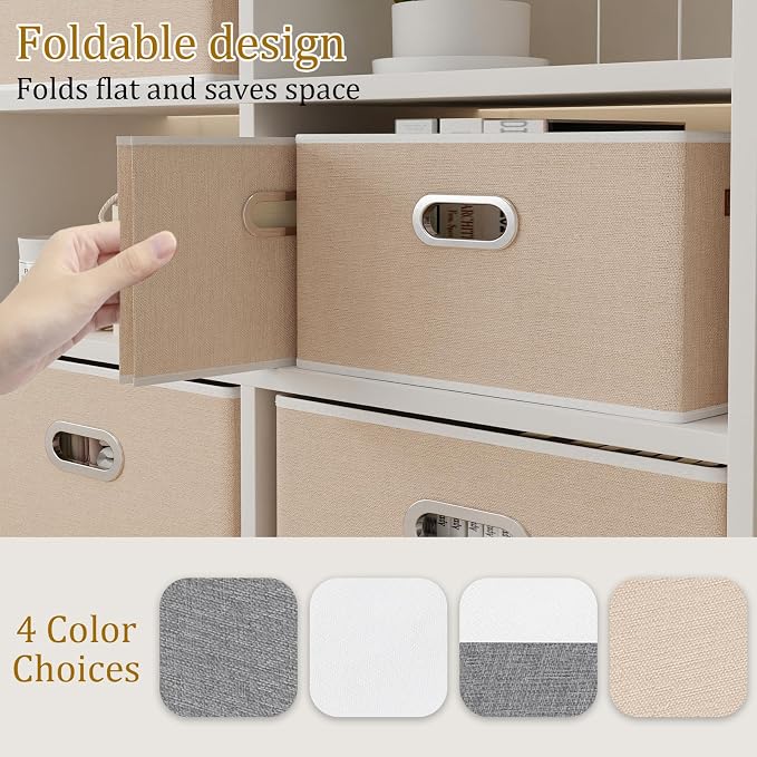 Yawinhe Foldable Storage Baskets for Shelves,16.9x11.8x10.2in,Beige,6-Pack | Collapsible Storage Bins for Towels, Container with Leather Handle for Organization, Fabric Rectangle Boxes for Home