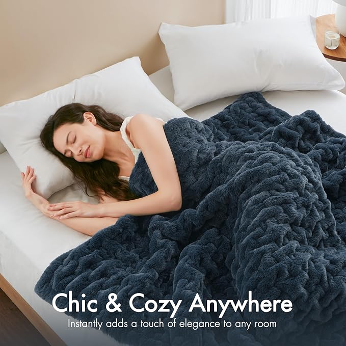 Madison Park Ruched Fur Throw Faux Fur Blanket, 50" x 60", Slate Blue | Luxury, Premium, Soft Cozy Brushed Long Pile, All Season Plush Modern OEKO- TEX Certification Warm For Bed, Couch or Sofa
