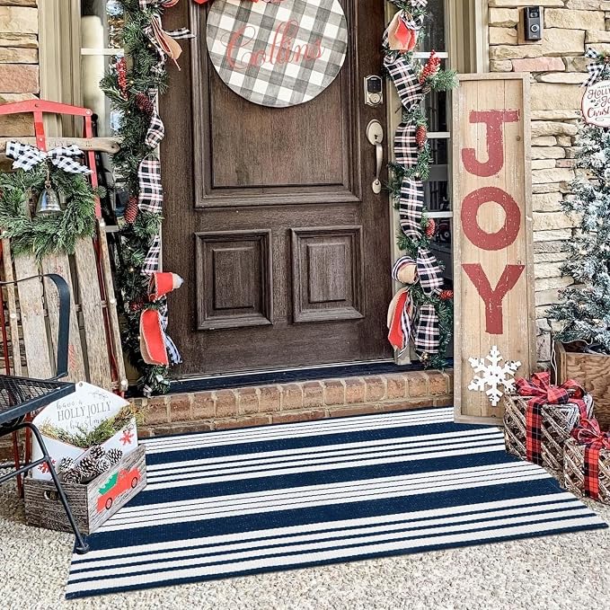 OJIA Outdoor Mats for Front Door 24"x51" Porch Rug Blue & White Outdoor Rug | Machine Washable Front Door Mat Cotton Woven Blue and White Outdoor Rugs Striped Kitchen Runner Doormat for Entry/Entrance