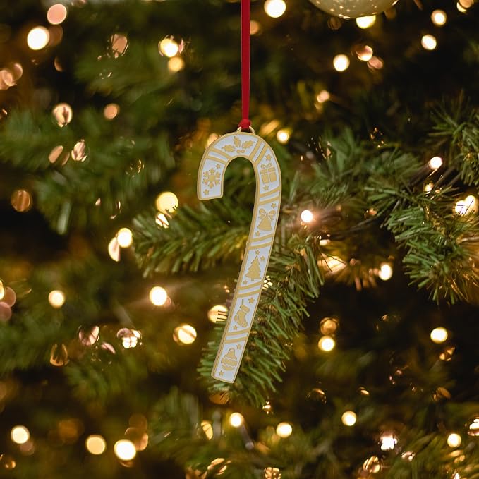 Wallace 2025 Gold-Plated Enamel Candy Cane Ornament - 45th Anniversary Edition - 24k Gold with Blue Enamel and Snowflake Design - 4.5 Inches - Holiday Collectible
