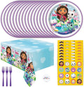 Gabby Dollhouse Party Decorations - 16 Plates, Napkins, Table Cover, Forks, Sticker - Gabby Dollhouse Birthday Decorations - Officially Licensed