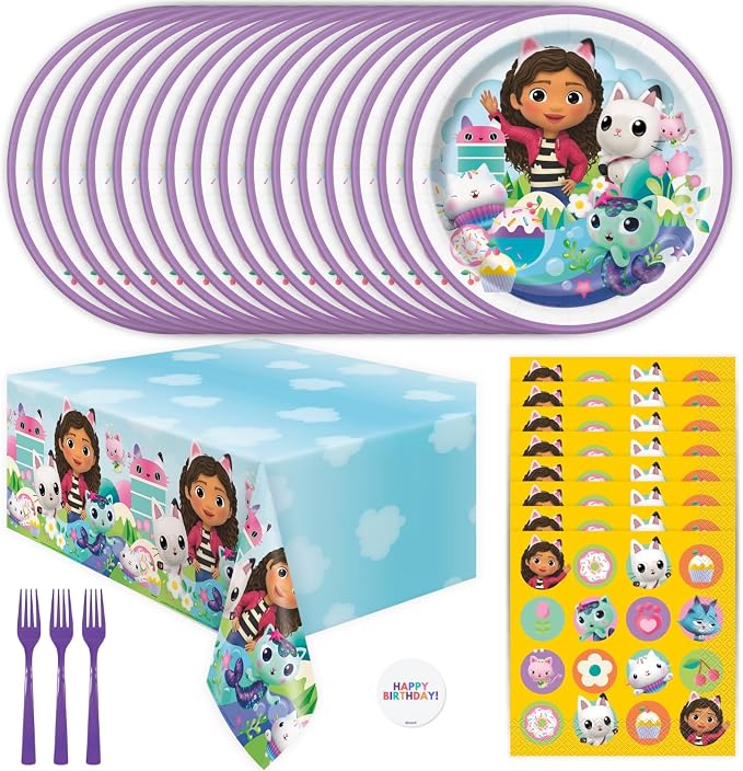 Gabby Dollhouse Party Decorations - 16 Plates, Napkins, Table Cover, Forks, Sticker - Gabby Dollhouse Birthday Decorations - Officially Licensed