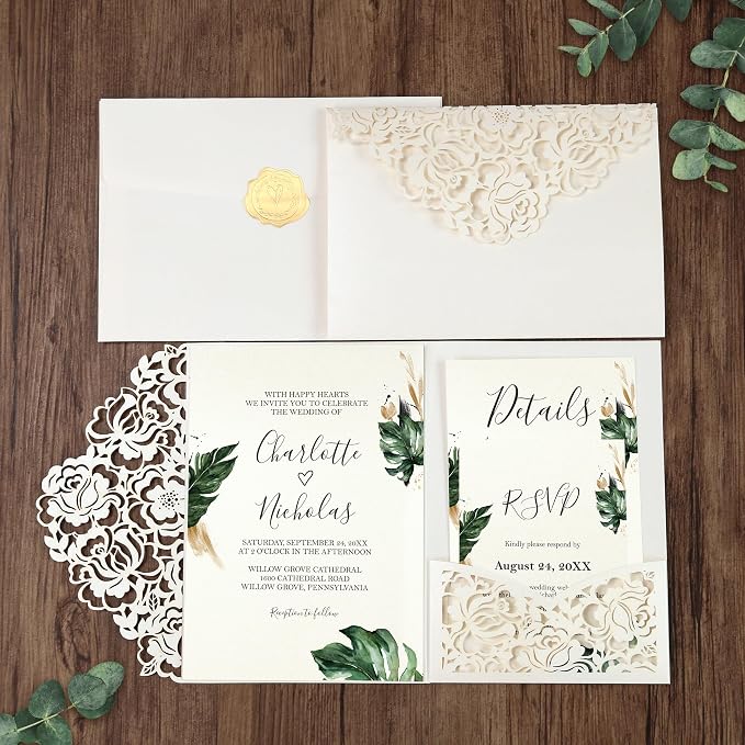 DORIS HOME Laser Cut Wedding Invitation Pockets, Ivory White, 5"x7" | 50pcs, With Envelopes, For Wedding & Anniversary, No Inserts Included