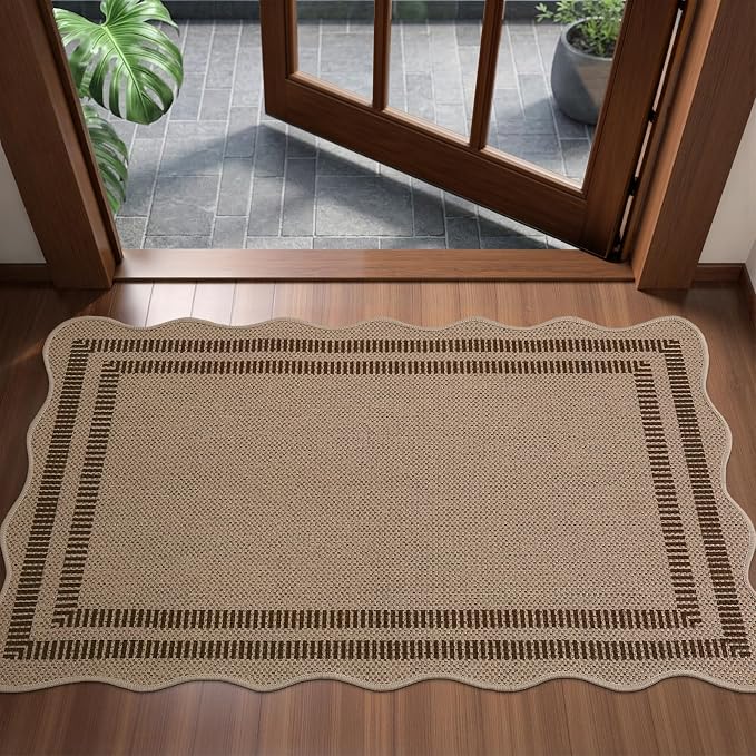 EDIMENS Easy Jute Rug Entryway Rug, 2x3 Front Door Mat Small Entryway Non-Slip Washable Area Rug, Low Pile Black Indoor Outdoor Farmhouse Scalloped Doormat for Entrance Entry Porch Doorway