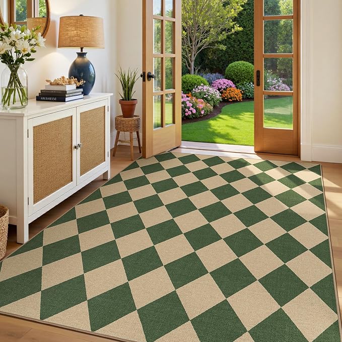 Lessymo Checkered Easy Jute 5x7 Rugs, Washable Patio Rug for Living Room | Farmhouse Indoor Outdoor Area Rug, Non Slip Carpet for Bedroom Backyard Dining Room, Geometric Diamond Green/Beige